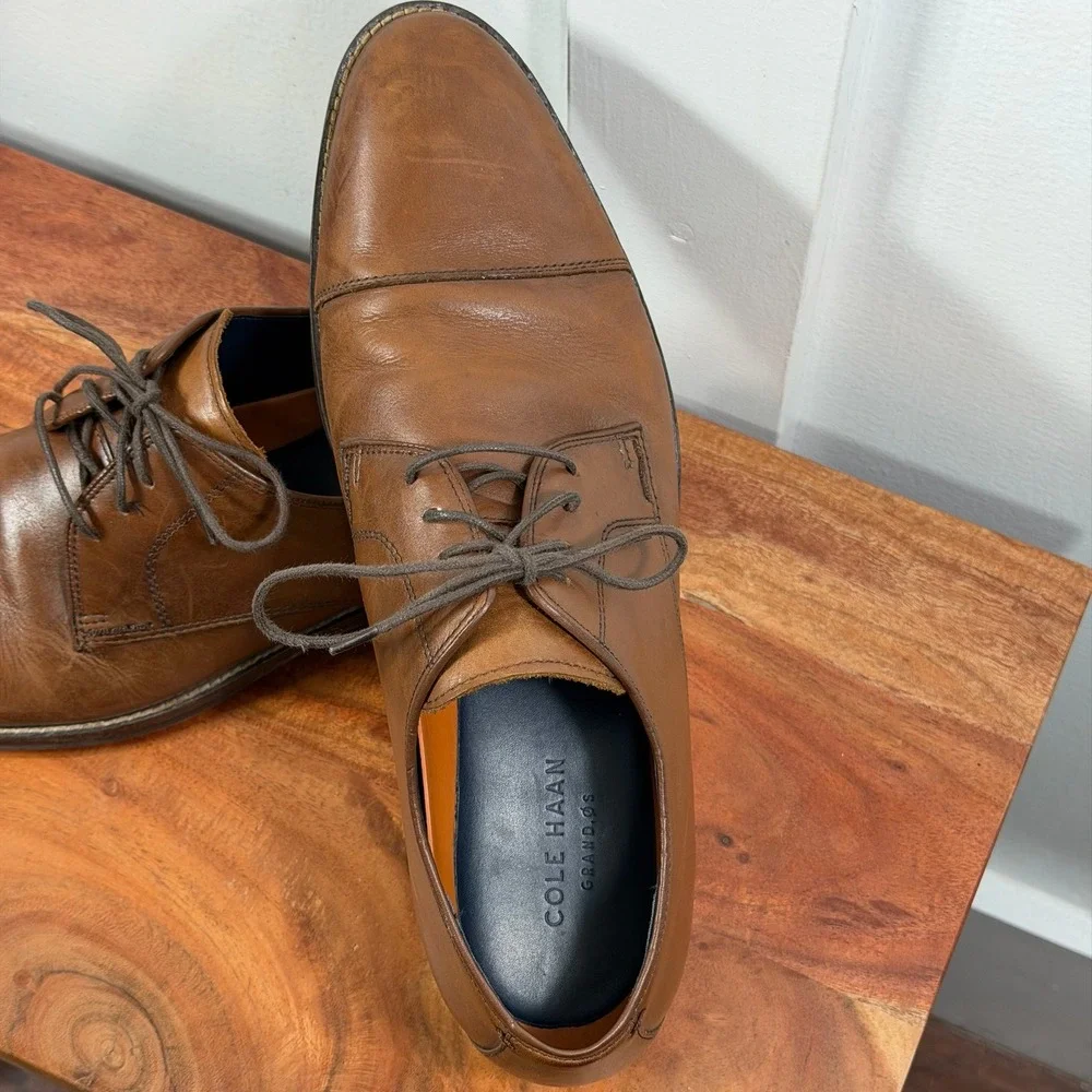 Cole Haan Mens Cap Toe Oxford Dress Shoes Brown Leather Lace Up Grand OS Sz 11 M